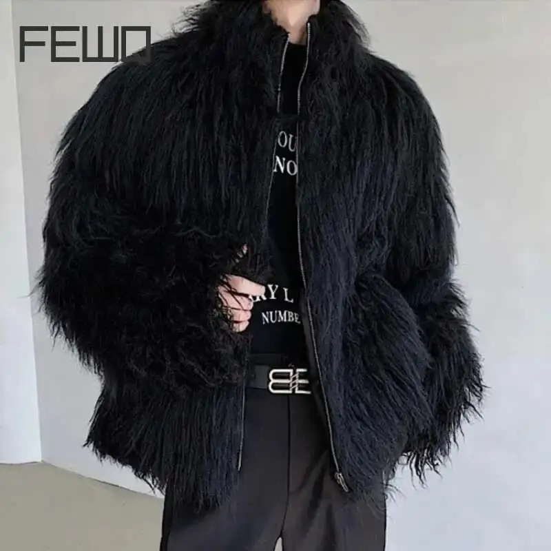 FEWQ Mens Fur Clothing Cotton Jacket Fashion Solid Color Autumn Winter Trendy Menwear Stand Collar Loose Top 9C3655 250818