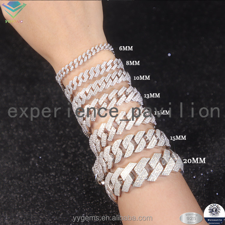 Fashion Hip Hop Jewelry Gift 15mm Wide 925 Sterling Silver VVS Moissanite Iced Out Bracelet for Factory Price
