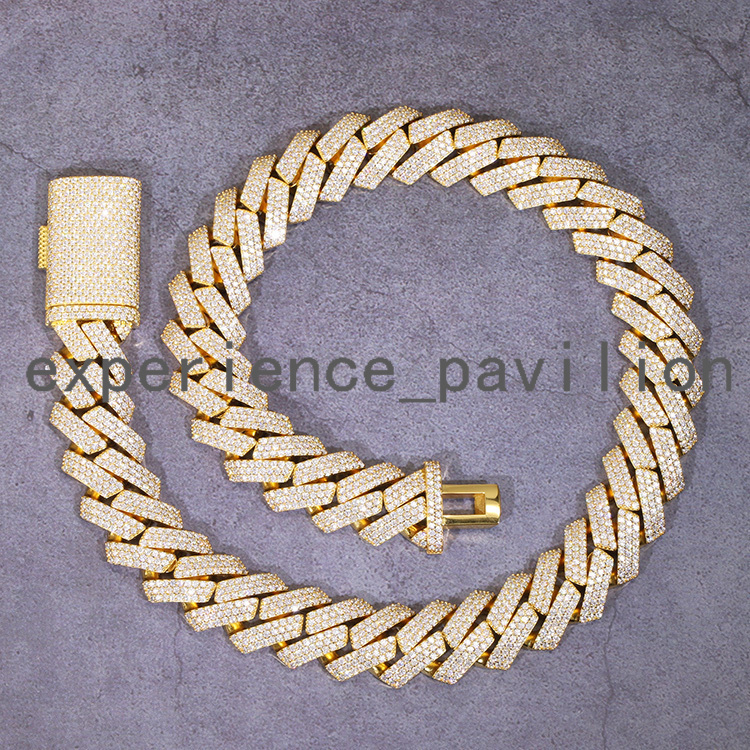 in Stock 100% Pass Tester White 18k Gold Plated 15mm 20mm 3rows S925 Sterling Silver Moissanite Cuban Link Chain