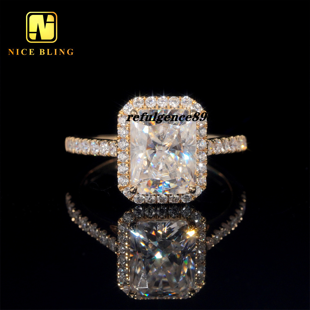 14K Solid Yellow Gold Diamonds Cluster Radiant Cut Design VVS Moissanite Diamond Engagement Wedding Ring