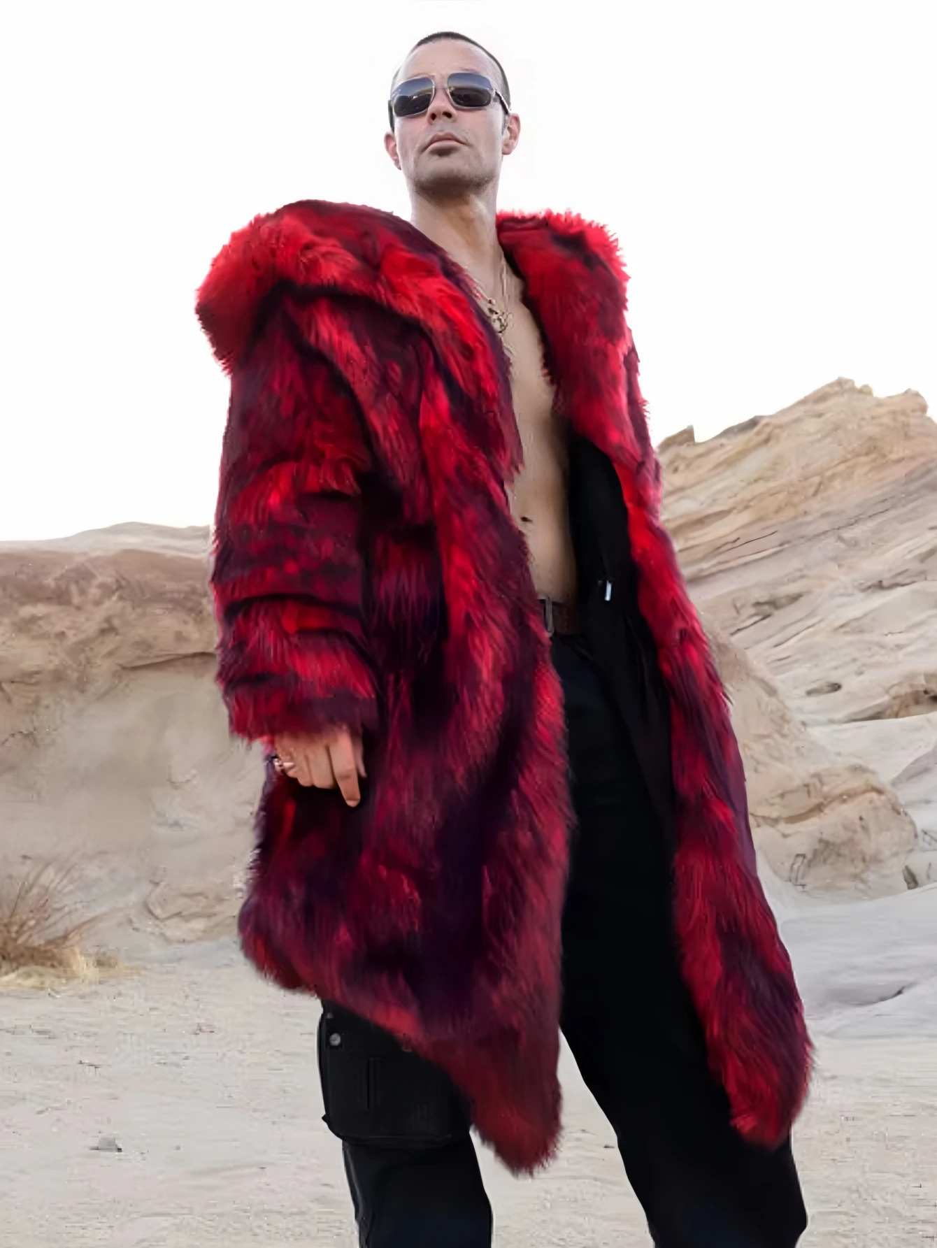 Autumn/Winter Long Warm Fluffy Faux Fur Coat Red Mens Long Sleeve High Quality Fluffy Coat 250818