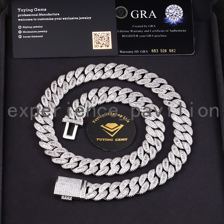 Customized Mens Jewelry 15mm S925 Sterling Silver Cuban Chain baguette Moissanite Diamond Hip Hop baguette Cuban Link Chain