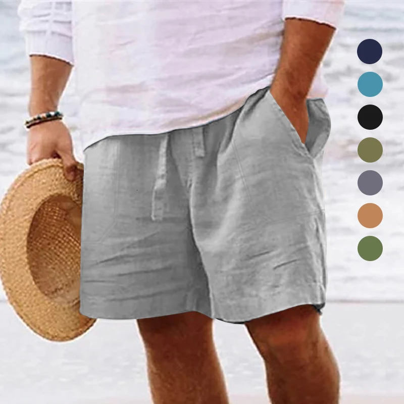 Mens Summer Cotton Linen Shorts Drawstring Elastic Waist Straight Leg Solid Color Breathable Daily Beach Five Points Bermuda250819