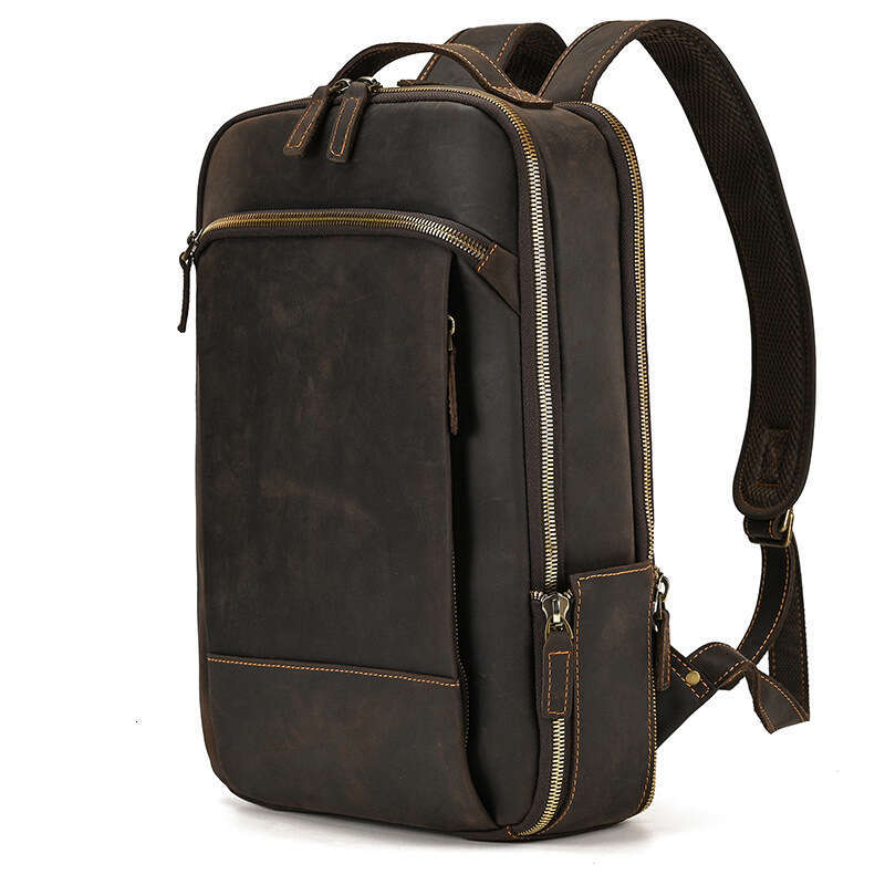 Men's Genuine Business Computer Crazy Horse Leather Travel Backpack School Bag