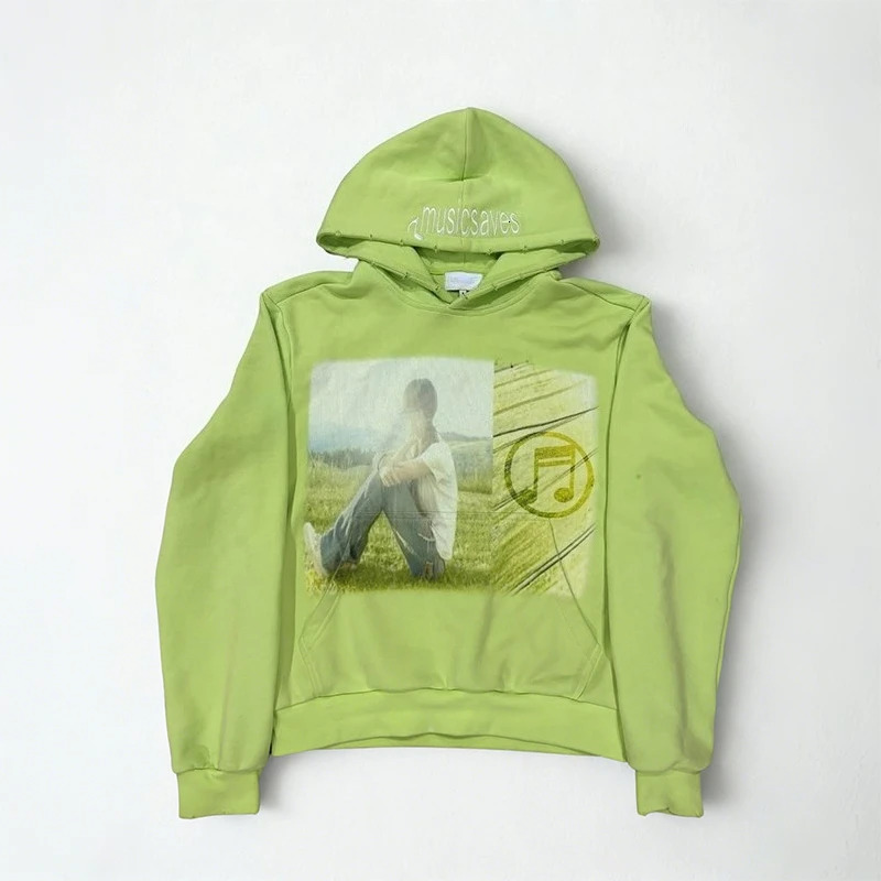 Y2K Fashion Trend Hoodie Oversize Retro Music Themed Graphic Printing Green Pullover Hoodie Men Women Casual Comfort Streetwear 250819