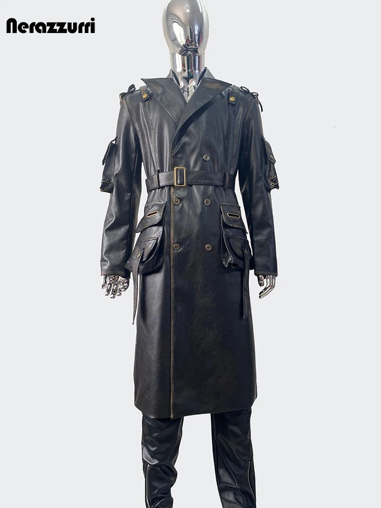 Nerazzurri Spring Autumn Cool Long Waterproof Distressed Black Pu Leather Trench Coat Men Belt Pockets er Clothes250820