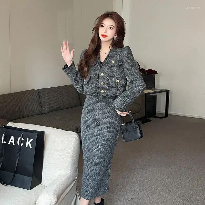 Two Piece Dress UNXX Autumn/winter Thickened Padded Small Fragrance Tweed Blazer Skirt Suits Vintage V-neck Woolen Jacket Two-piece Sets