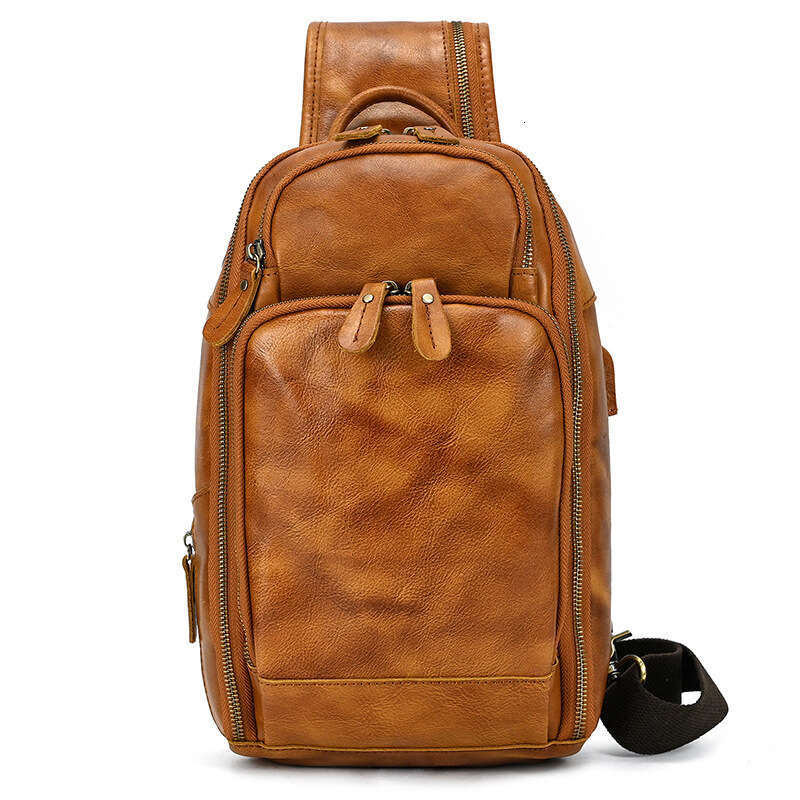Crazy Horse Crossbody Bag for Men, Large Capacity Genuine Leather Chest Bag, USB Multi-Function Charging Outdoor Single Shoulder Backpack