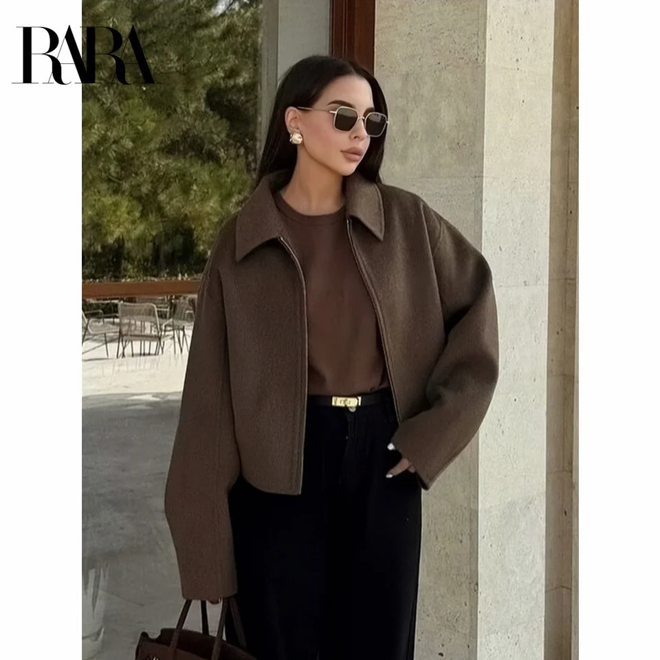 RARA winter womens clothing simple fashion versatile lapel woolen jacket loose casual zipper decorated top 250820