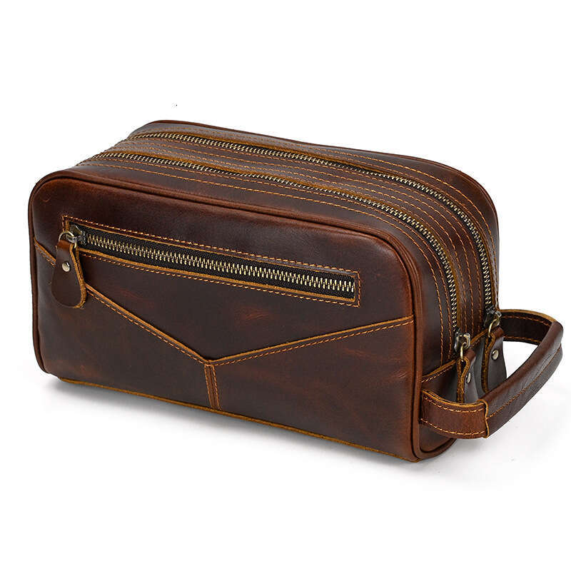 Genuine Toiletry Double Layer Storage Crazy Horse Leather Clutch Unisex Makeup Men's Trendy Bag