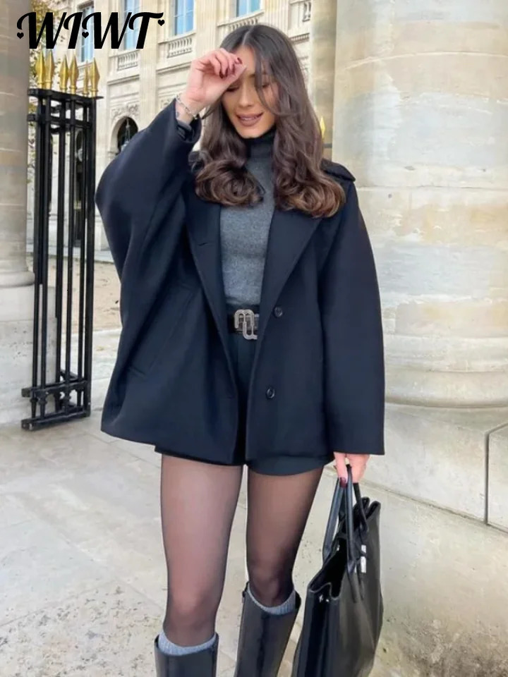 Fashion Solid Turndown Collar Coat Womens Autumn Winter Loose Long Sleeve Single Breasted Pocket Coats Female Streetwear 250820