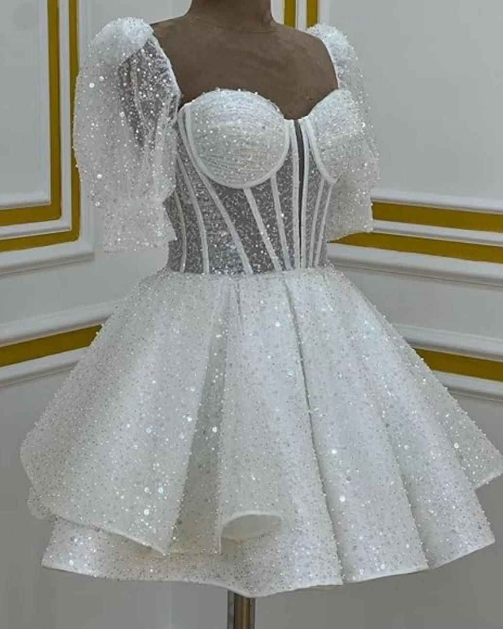 Sparkly Sequined Sweetheart Short Wedding Dresses see through waist short sleeves Ruffle Layered A Line Mini Cocktail Dress with Detachable Puffy Sl