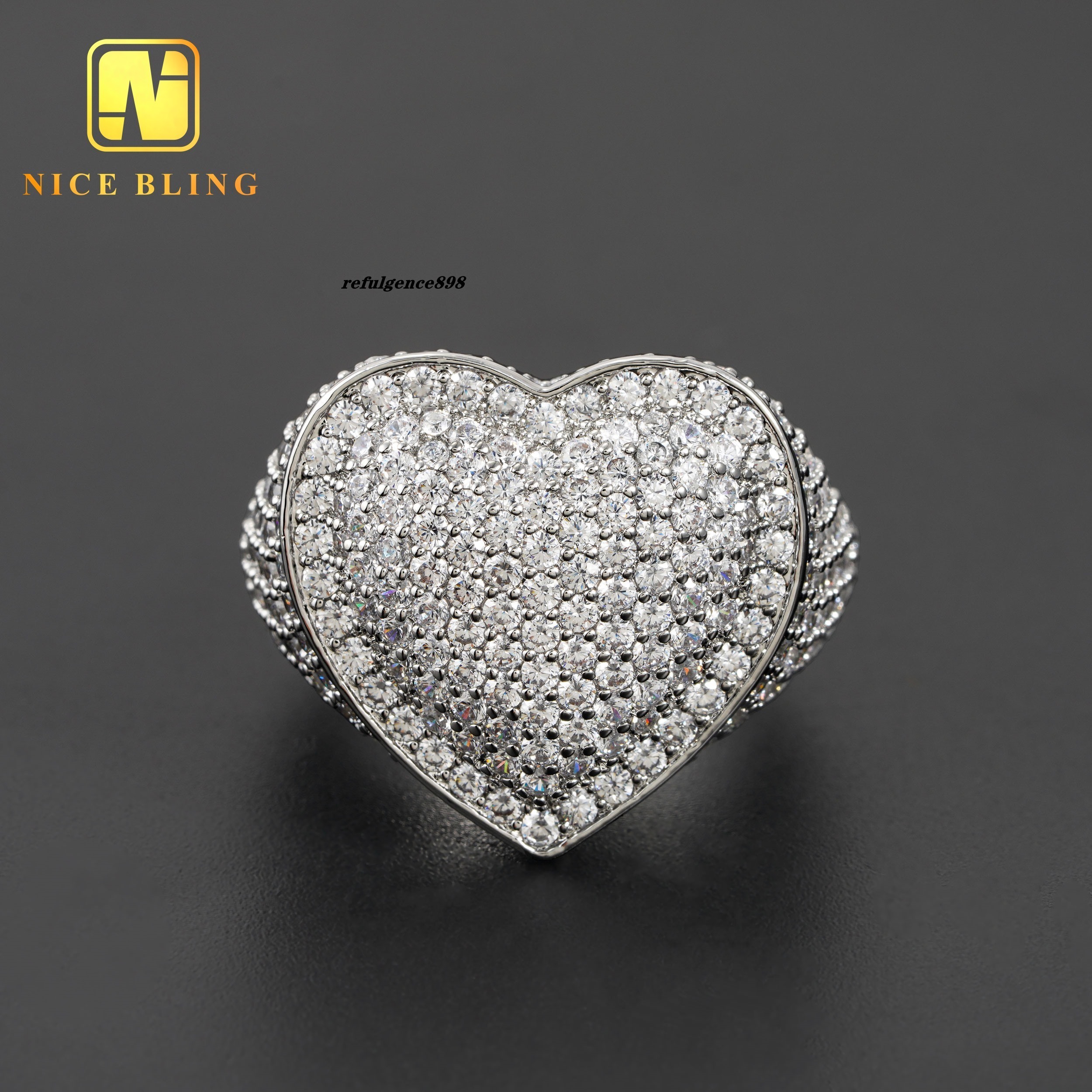 Factory Price Iced Out Hip Hop Rings 18k Gold Plated Brass Jewelry High Quality Moissanite Diamond Heart Shape Rings for Men Women