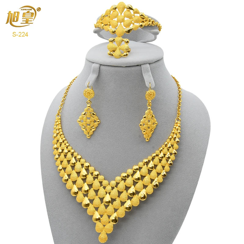 France 24K Gold Color Jewelry Ensemble pour les femmes Collier de mariage et boucles d'oreilles Dubaï Dubaï Set Cadeaux de fête de cou africain 2