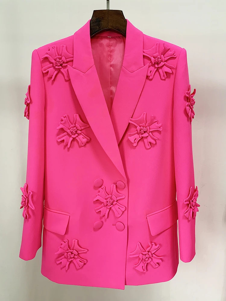 HIGH STREET est Fashion ner Jacket Womens Stereoscopic Flowers Appliques Double Breasted Long Blazer 250820