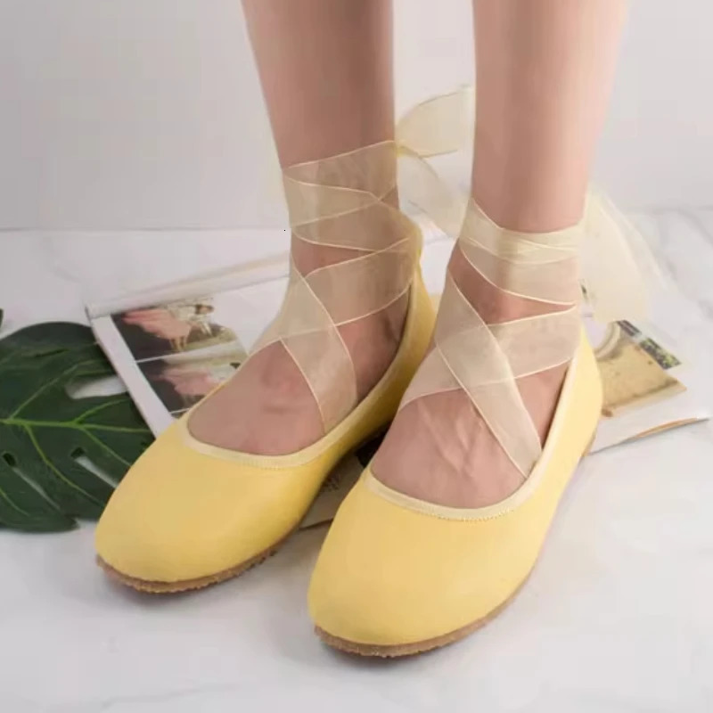 Ribbon Bandage Ballet Flats Shoes Women Lace Up Elegant Mary Janes Shoes Ladies Yellow Spring Autumn Shallow Slip on Loafers 250820