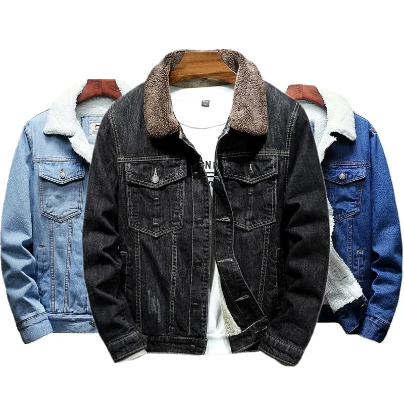 Winter Blue Mens Thick Warm Jackets Fashion Boutique Solid Color Denim Jacket Black Fleece Coat Asian Size M5XL 6XL 250809