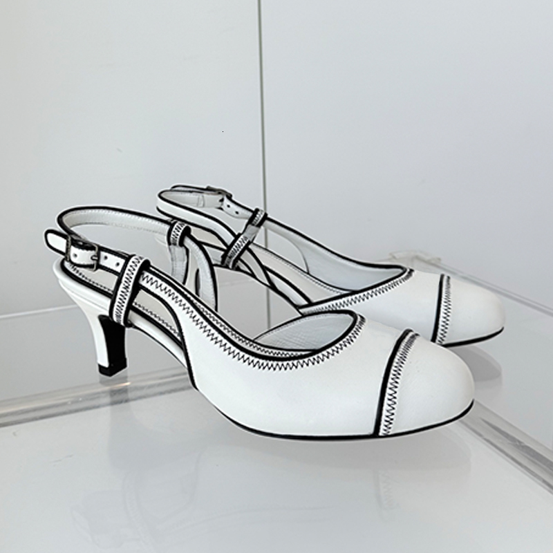 Formal Shoes Designer Fashionable High Heeled Slingback Women Sandals Black and White Leather Shoes Round Toe Sandals 906