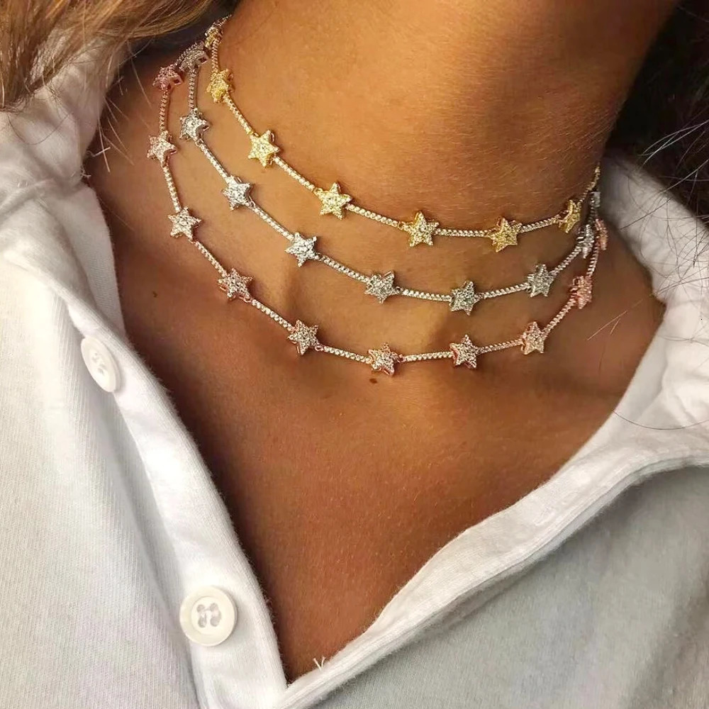 Wholesale Geometric Star Northstar Charm Tennis Chain Choker Necklace Full Micro Paved 5A Cubic Zirconia CZ Women Jewelry Gift 250815