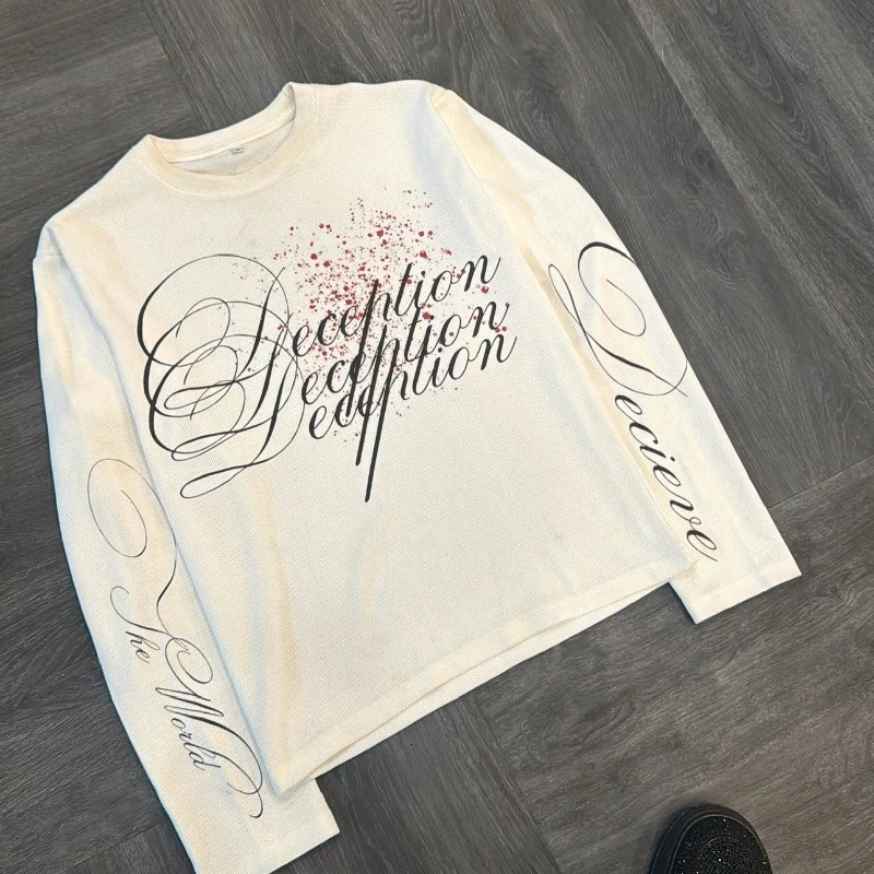 Y2k Harajuku Casual Long Sleeve Print Letter Deceiver Retro Tops Hip Hop Gothic Trendy Streetwear Oversized Unisex Pullover 250818
