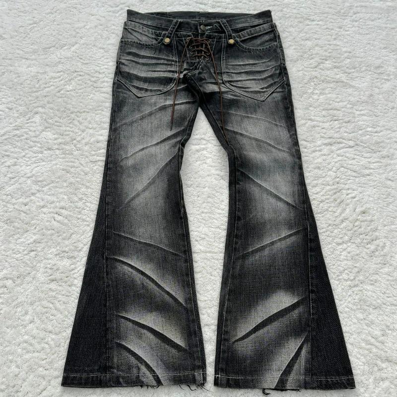 Men's Jeans Y2k Flared Lace Up Retro Washed Prints Double Waist Slim Fit Gothic High Street Wear Unisex Bootcut