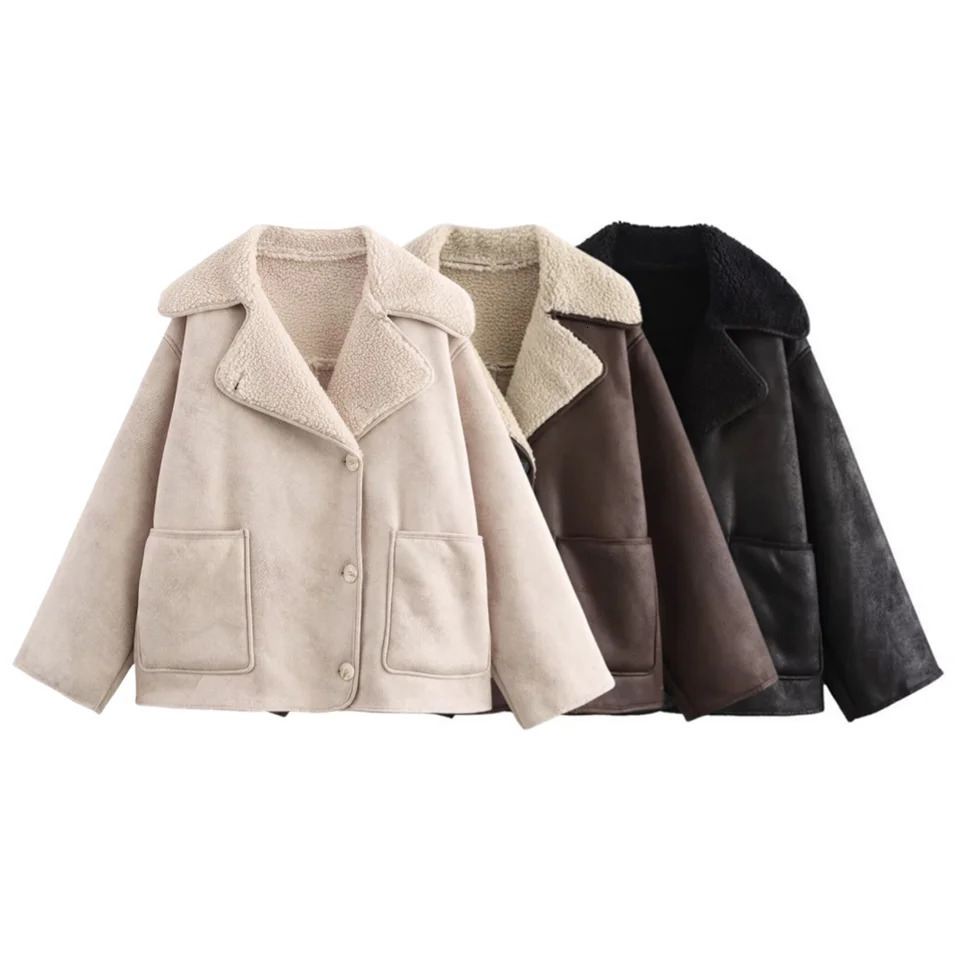 BSK TRAF autumn and winter womens retro oldfashioned thick warm fur jacket loose drop shoulder longsleeved coat 250820