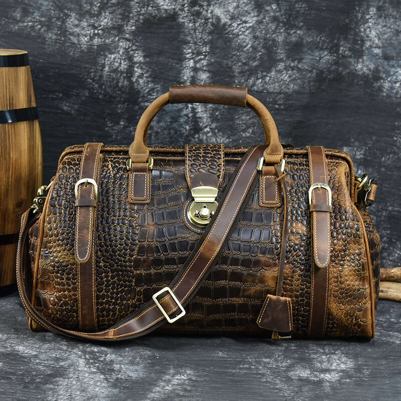 High-end Business Iron Frame Opening Men's Genuine Crocodile Pattern Travel Large Capacity Crazy Horse Leather Luggage Bag
