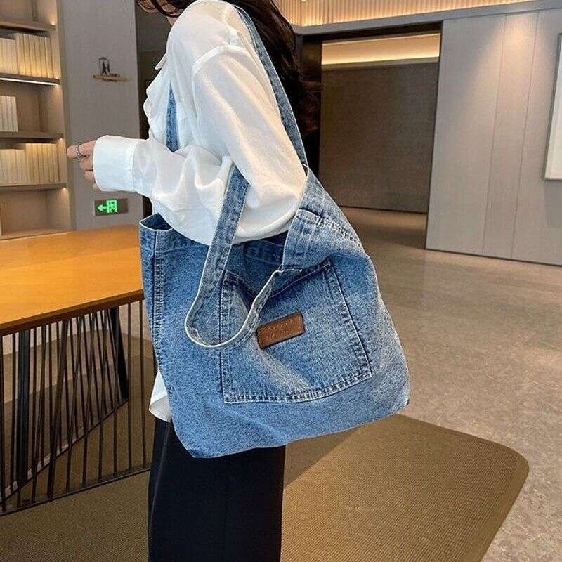 Women's Large Capacity Denim Shopping, Simple Canvas For Students, Shoulder And Handheld Bag