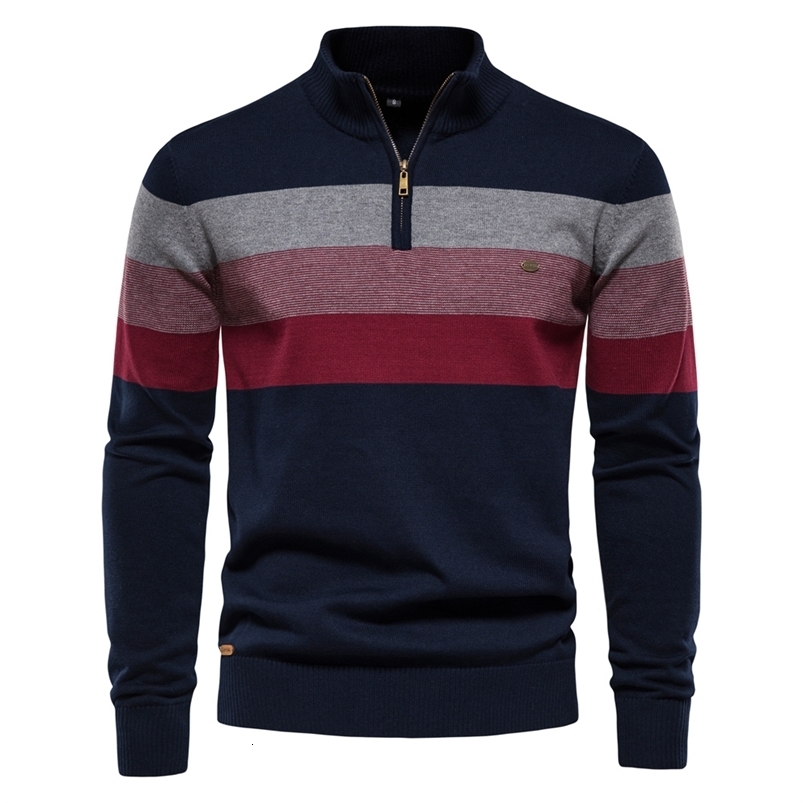 AIOPESON Mens Patchwork Pullover Sweater Cotton Casual Zipper Mock Neck Sweater for Men Winter Fashion Warm Sweater for Men250819ww