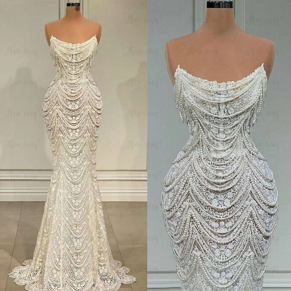 Elegant Lace Pearls Tassels Wedding Dress Boat Neck Mermaid Shiny Bridal Gowns Customized Formal Wedding Party Dresses