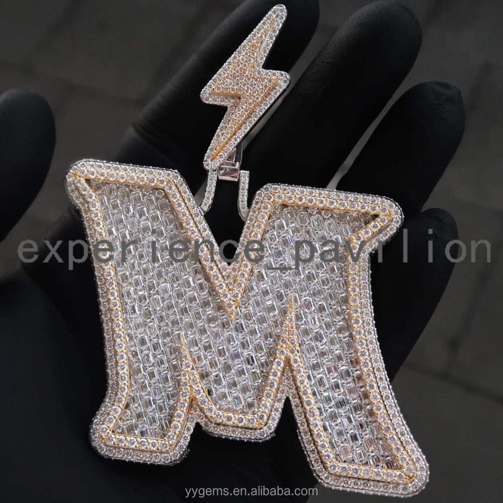 Customized baguette Moissanite Letter Pendant Pass Diamond test Solid Silver Pendant Custom Letter Pendants Jewelry