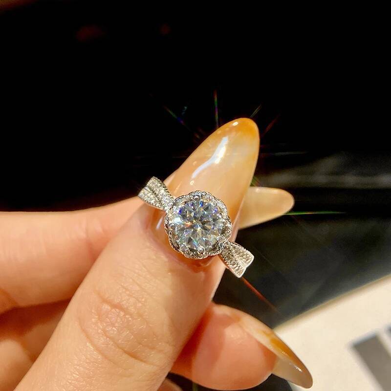 KNB Luxury Moissanite Fountain Rose Flower Rings for Women Real 925 Sterling Silver Solitaire Diamonds Engagement Fine Jewelry