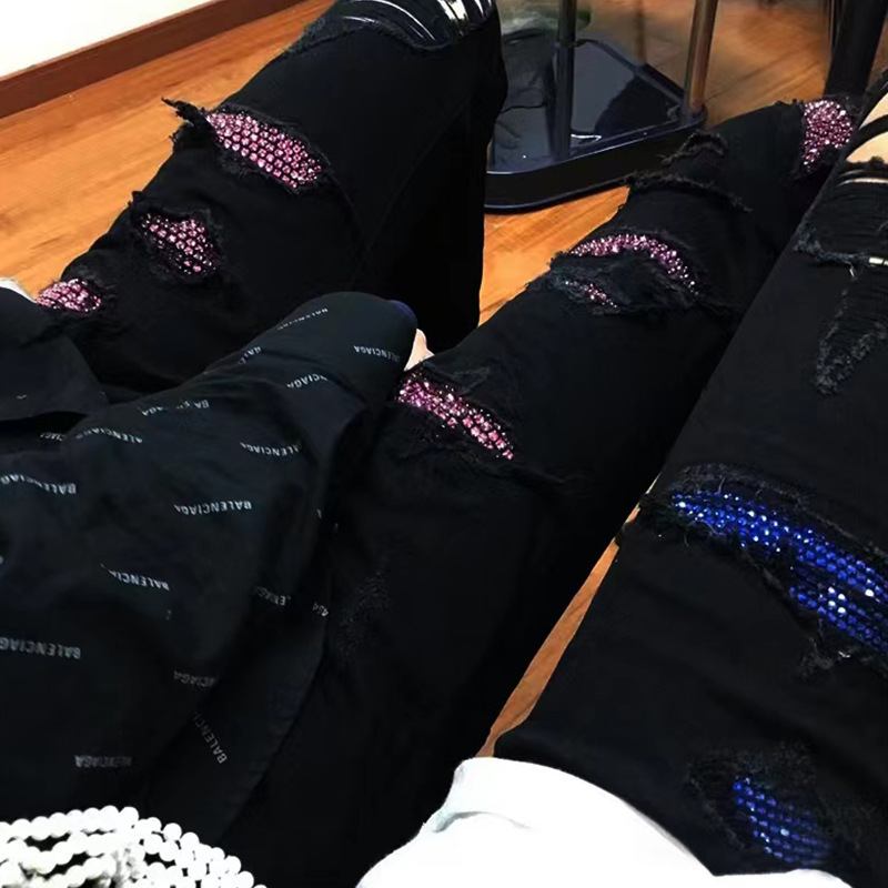 Men's Jeans Randy Blue Diamond Pink Diamond Ink Splash Distressed Jeans Washed Vintage High Elastic Slim Fit Skinny Pants