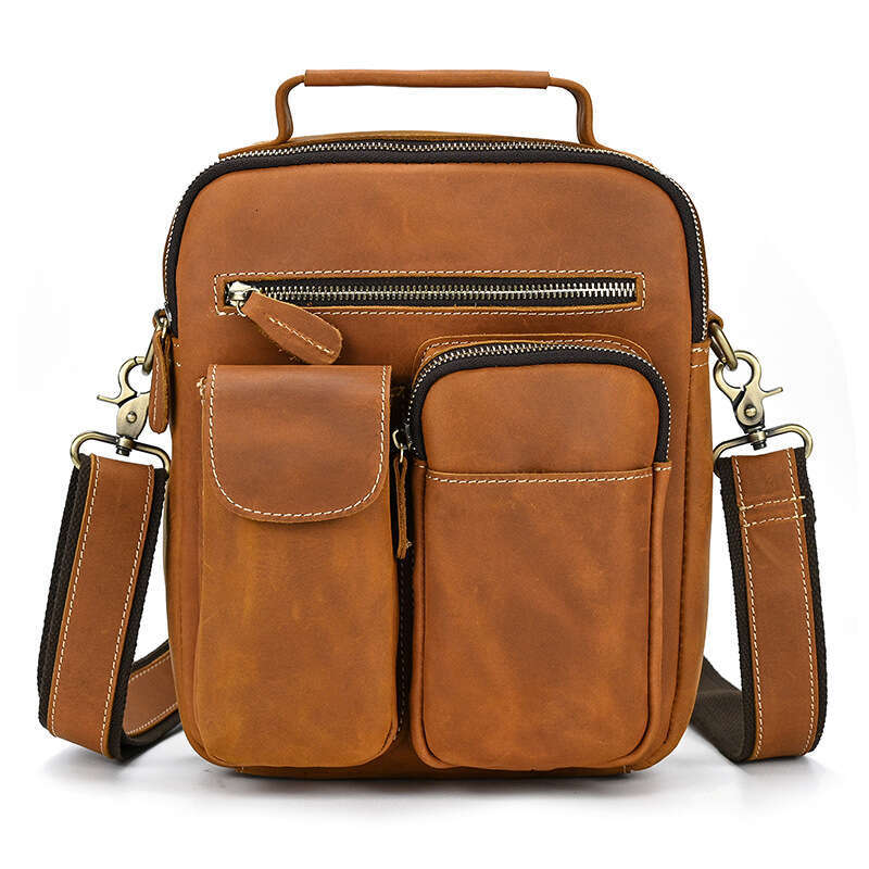 Genuine Men's Single Shoulder Crossbody Crazy Horse Leather Multi-Pocket Handbag Top Layer Cowhide Large Capacity Messenger Bag