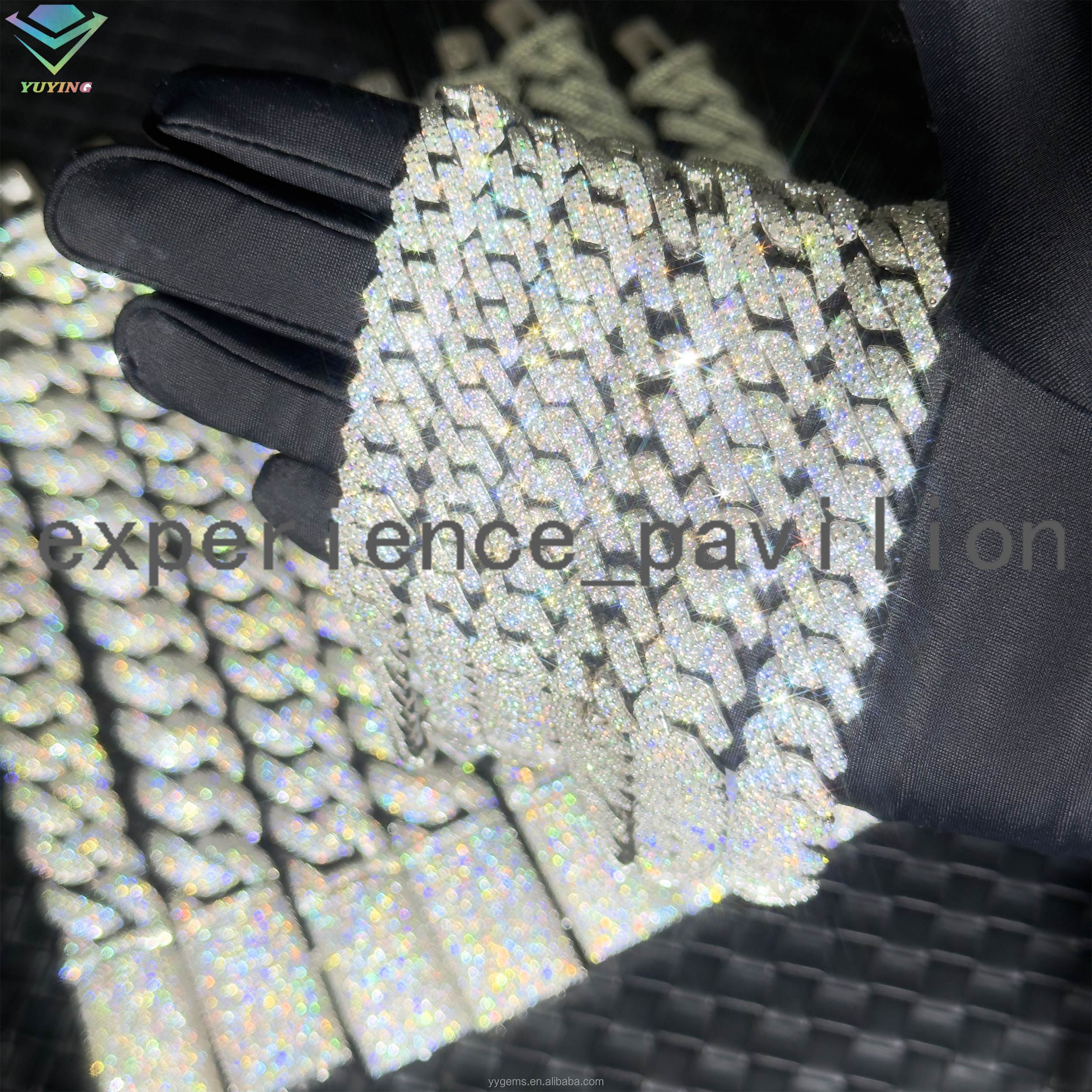 VVS D Color Past Diamond Moissanite Gold Plated 15mm Cuban Link Chain Necklaces 2Rows Wide Test Past