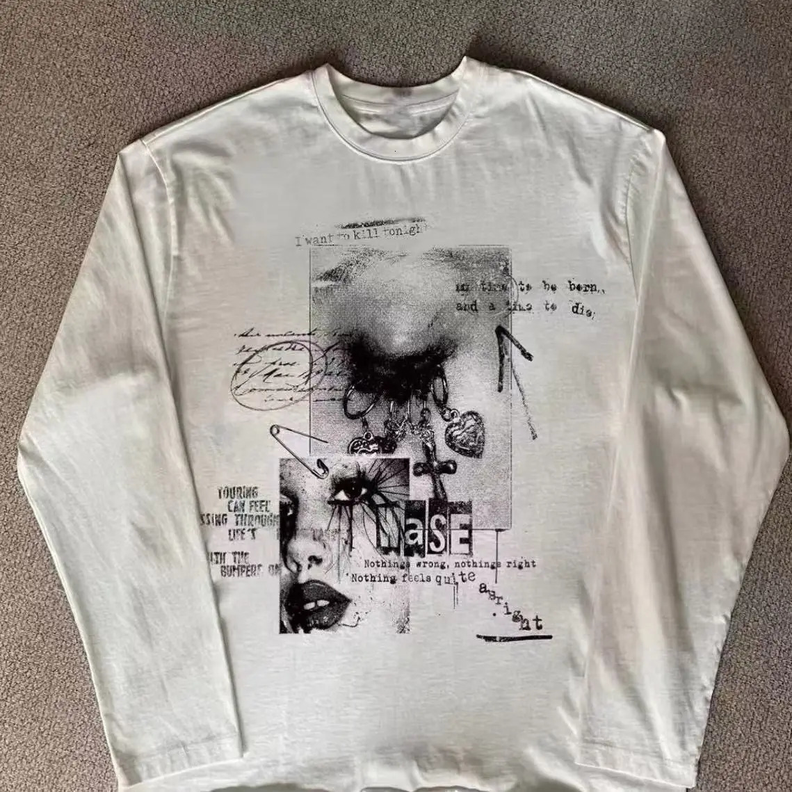 Y2k White Letter Printing All Match Long sleeve T-shirts Harajuku Casual Loose Vintage Tops Men and Women Grunge Aesthetic Tees 250818