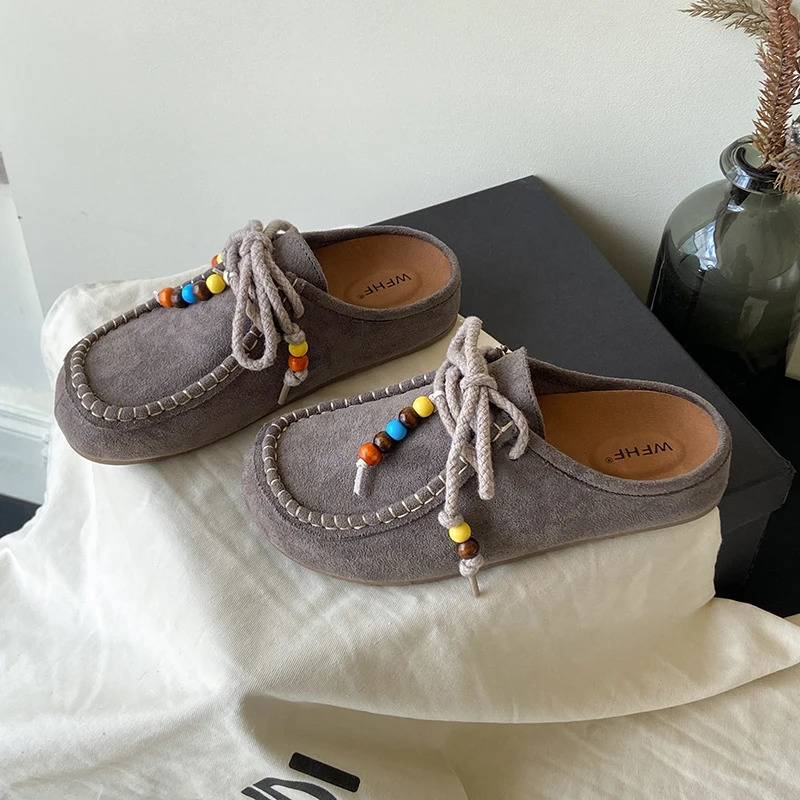 Womens Flat Shoes Cover Toe Slingback Lace-up String Bead One Kick Increased Internal Slippers All-match RetroSuede Women Shoes 250820