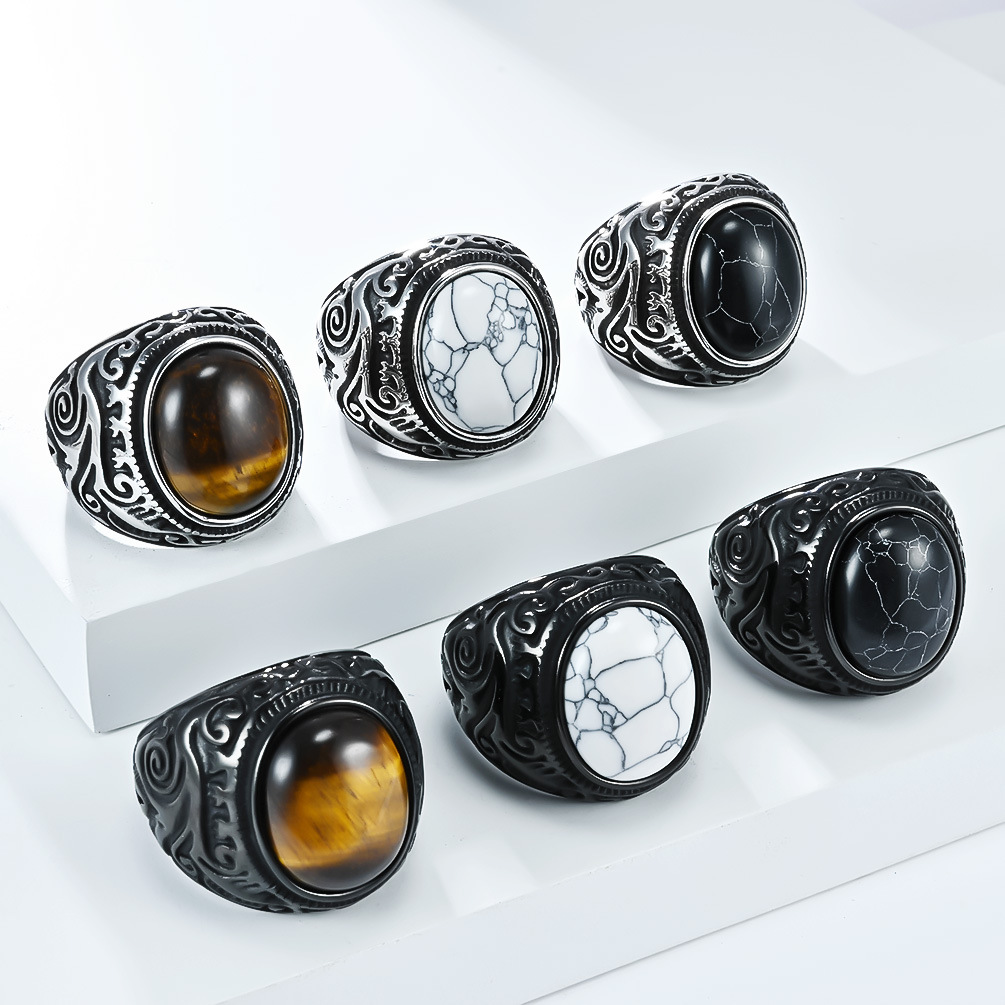 Hip Hop Retro Turquoise Stones Casting Ring Stainless Steel Finger Ring Jewelry