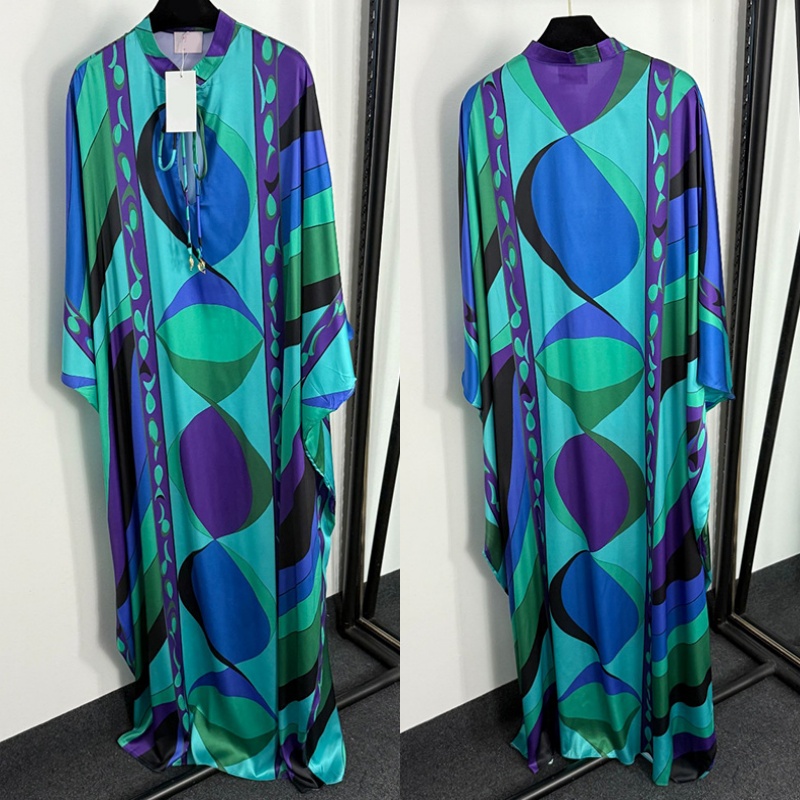 Designer Print Oversized Dress Women Vintage Bat Sleeved Dress Luxury Color Blocked Birthday Dinner Party Maxi Dress