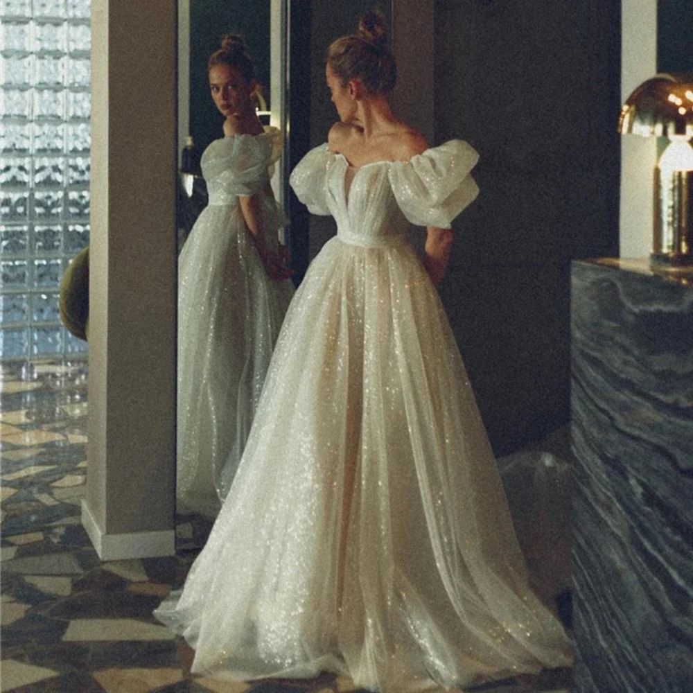 Glitter une ligne Deux pièces robes de mariée avec jupe détachable à l'épaule manches bouffantes