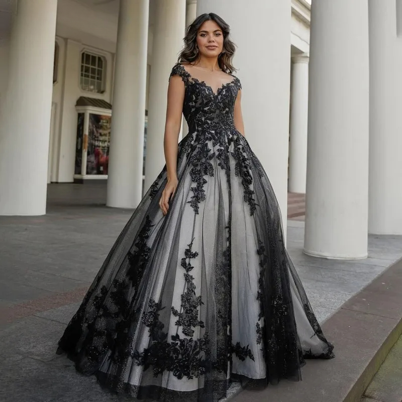 Black A Line Tulle Wedding Dress Women Illusion Neck Cap Sleeve Bride Party Dress Applique Bridal Gown Custom Made Color/Size