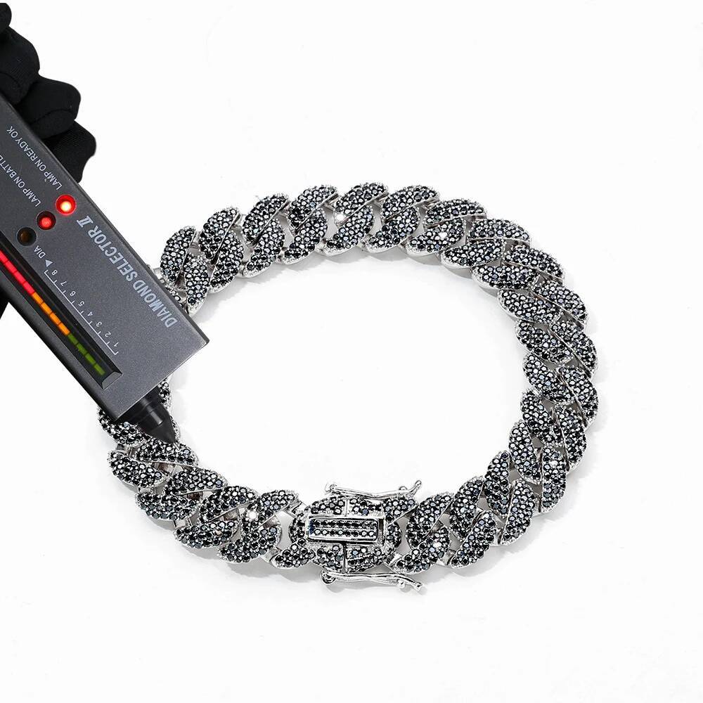 Custom 12mm 3 Rows S925 Sterling Silver VVS Diamond Necklace Iced Black/White Moissanite Cuban Link Chain for Men Gift