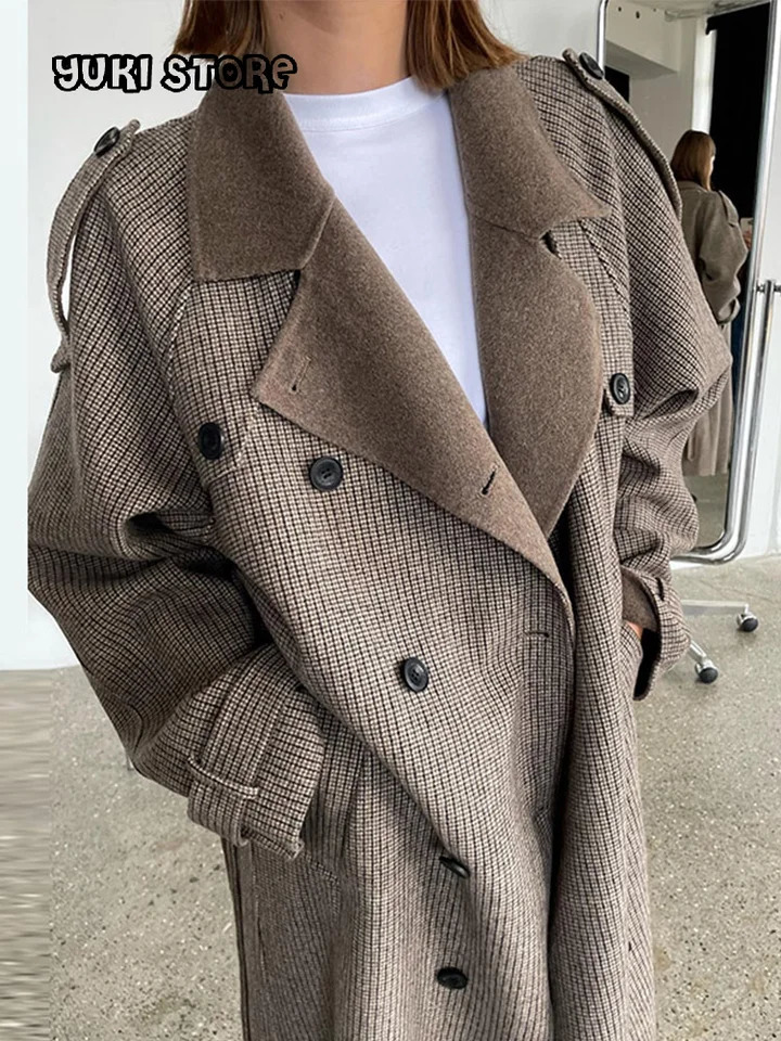 Striped Belt Long Coats Women Loose Lapel Double Breasted Full Sleeve Overcoats Autumn Winter Lady Commute Outwear 250820