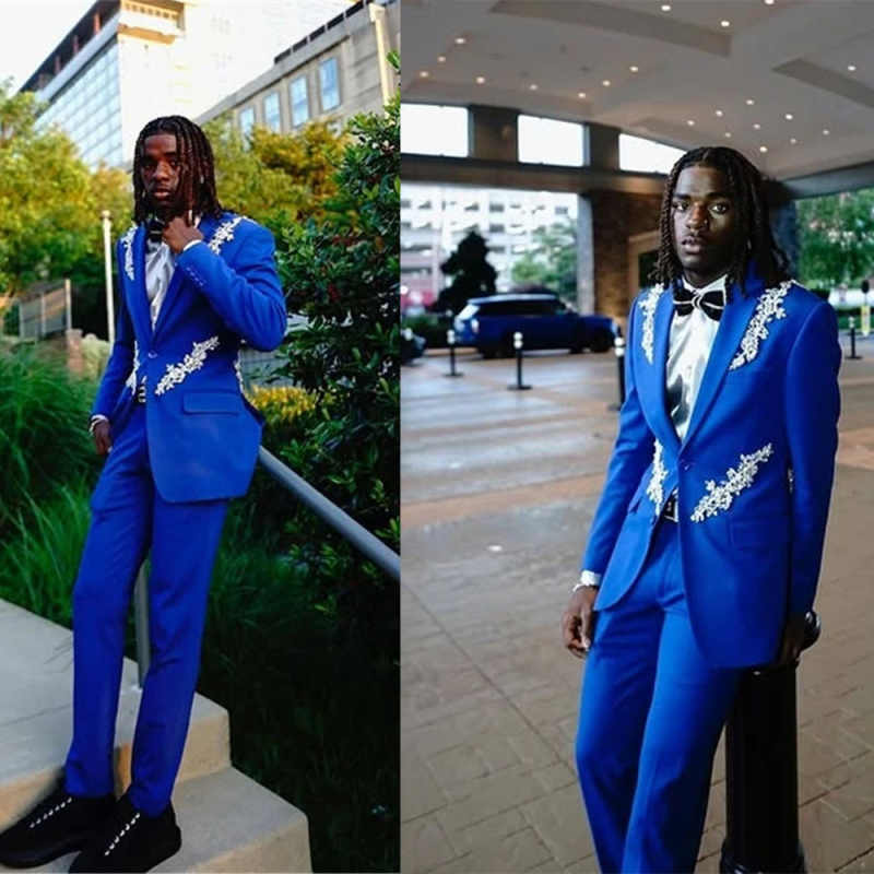 Black Boys Wedding Tuxedos 2 Pieces Lace Appliques Mens Pants Sets Male Fashion Formal Birthday Party Suits Customized