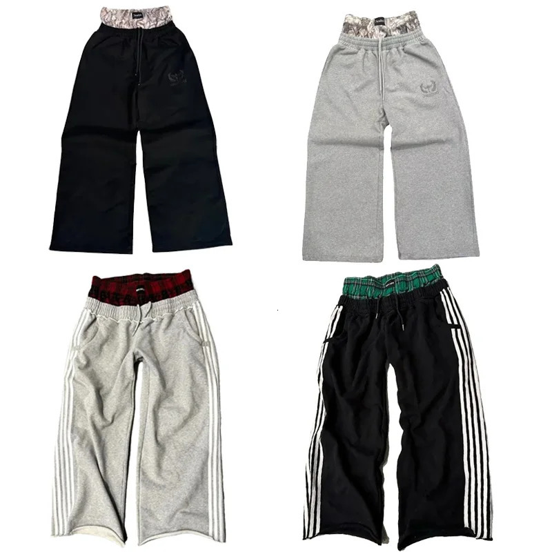 Y2K pants vintage Harajuku double Embroidered waist Sweatpants Men Wome Hip Hop Casual High waisted Wide Leg Pants Streetwear250820