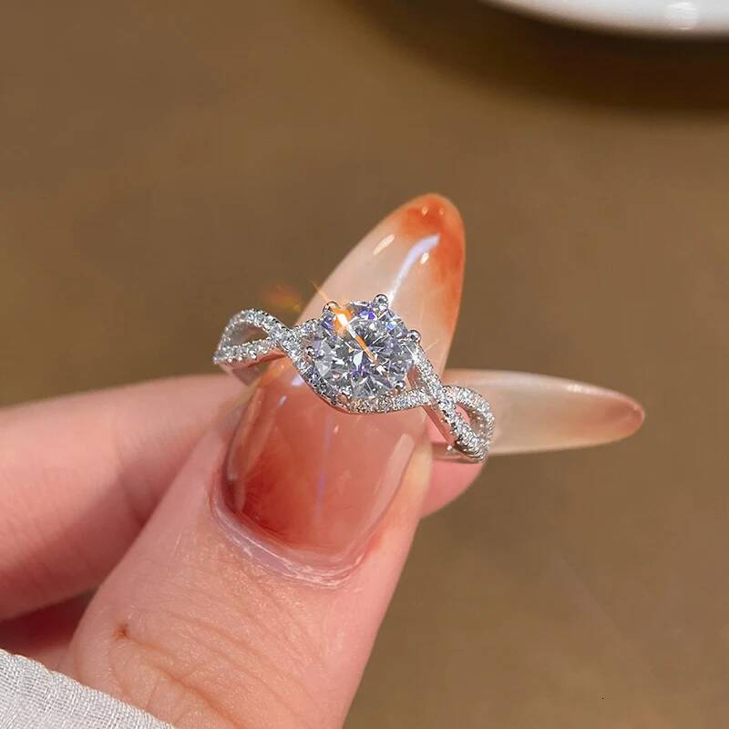 KNB Sparkling 1CT Moissanite Diamond Rings for Women Gift 925 Sterling Silver Shiny Engagement Wedding Twisted Ring Fine Jewelry