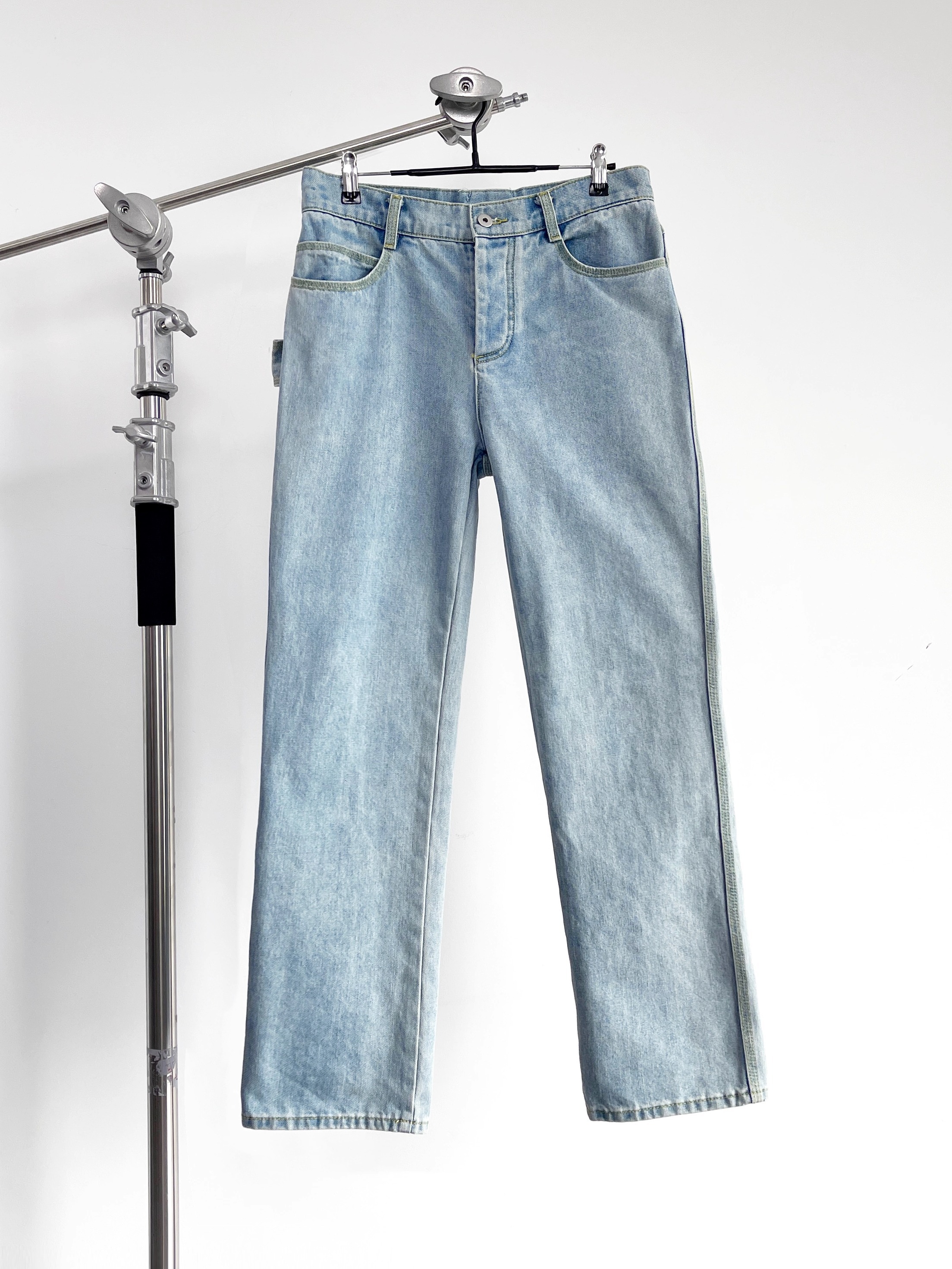 Men's Jeans Basic B/V Style Classic Green Label Leather Tag Washed Ice Blue Straight Slim Fit Casual Jeans