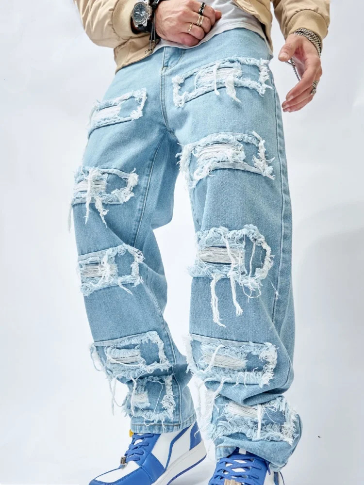 Tassels Distressed Casual Jeans Mens Patchwork Washed Stretch Denim Pants Straight Fashion Y2k Streetwear Trousers 250820