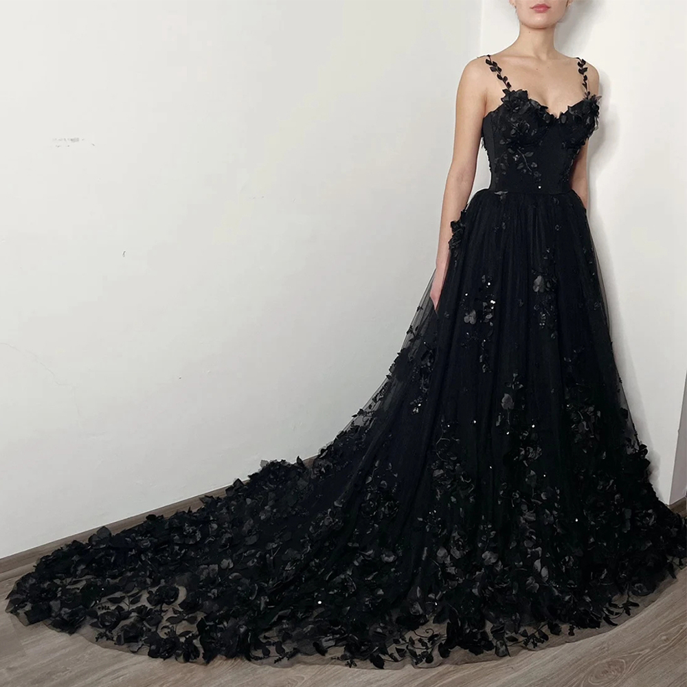 Elegant Black Wedding Dress Spaghetti Straps Sweetheart 3D Flower Court Train A Line Gothic Bridal Gown for Bride Custom Made Color/Size