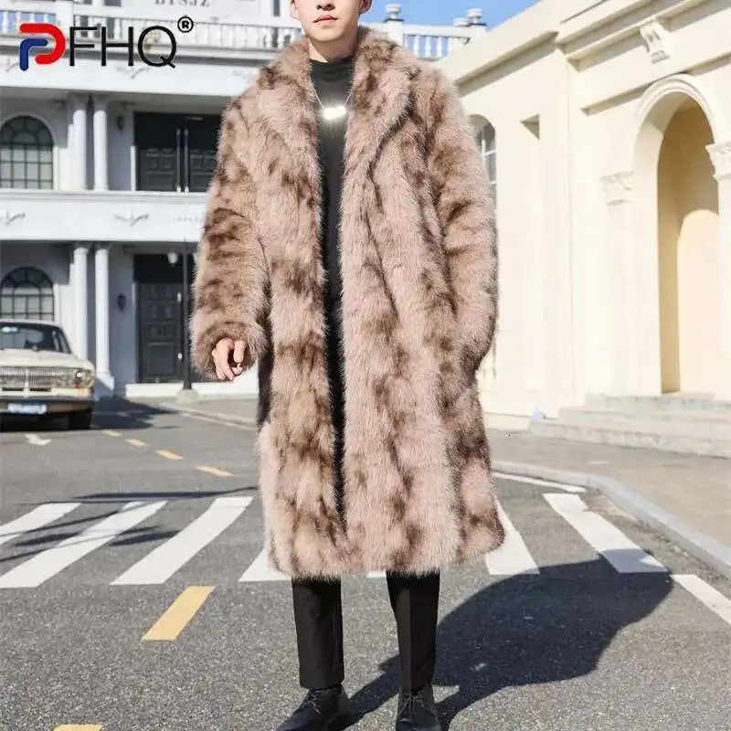 PFHQ Mens Fur Coat Long Knee Length Autumn Winter Turn-down Collar Contrast Color Male Tops Fashion 21Z7624 250818